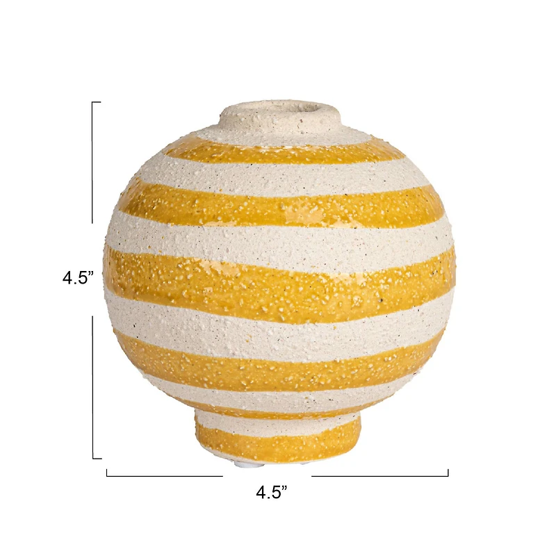 Hello Honey® 4.5" Yellow & White Striped Stoneware Vase with Sphere Shape & Footed Base