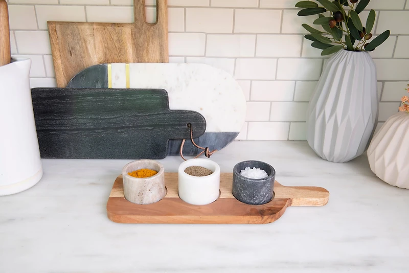 Hello Honey® Acacia Wood Board with Marble Pinch Pots & Spoon Set