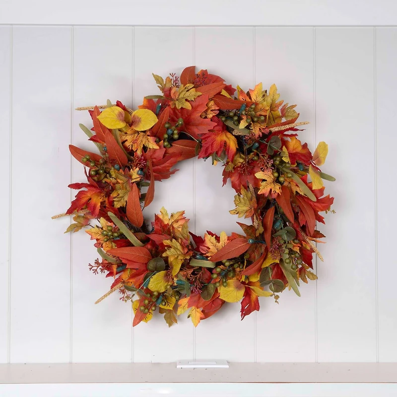 24" Pre-Lit Fall Harvest Leaf Holiday Wreath