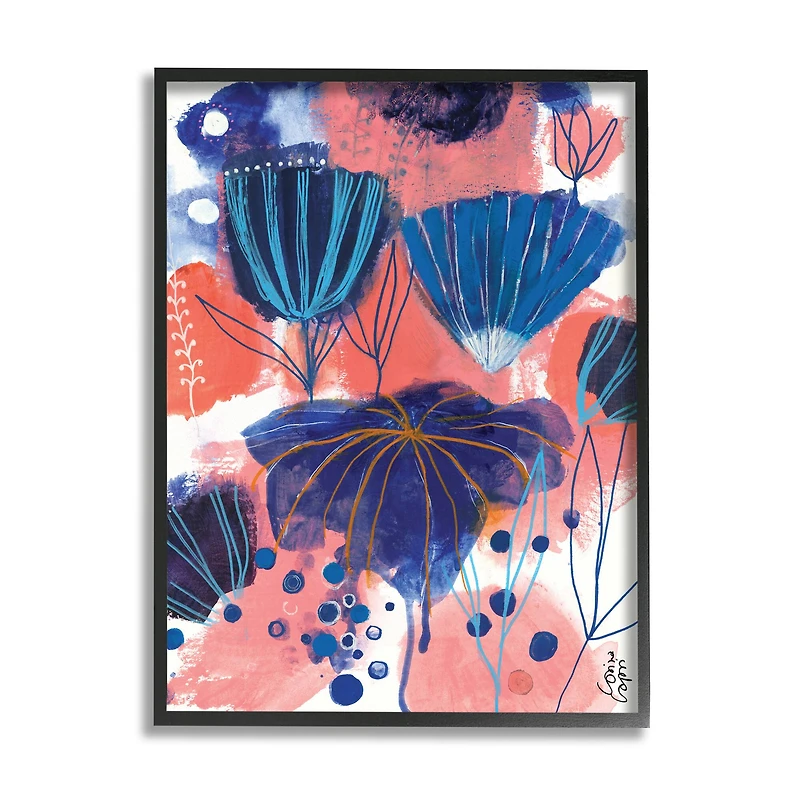 Stupell Industries Blue Orange Pink Blooming Playful Abstract Flowers Wall Art