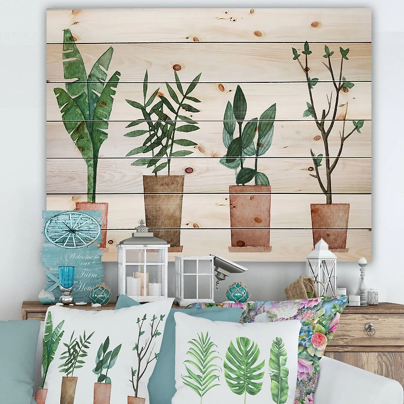 Designart - Duo of Potted Flowers House Plants - Farmhouse Print on Natural Pine Wood