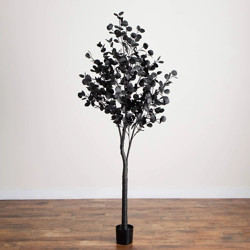 7ft. Pre-Lit Artificial Halloween Black Eucalyptus Tree with 420 Orange & Purple LED Lights