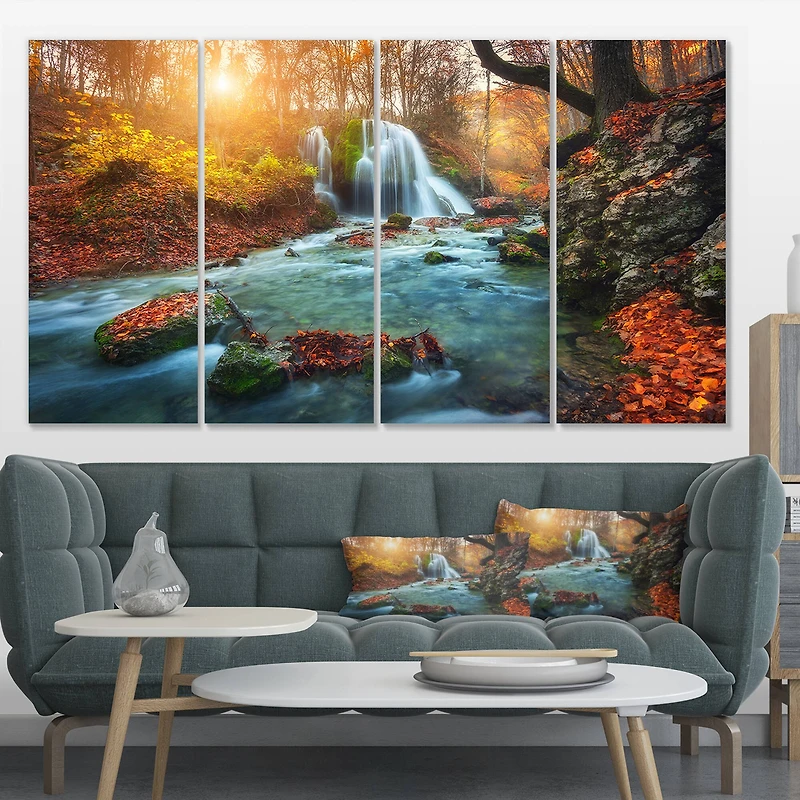 Designart - Fast Flowing Fall River in Forest
