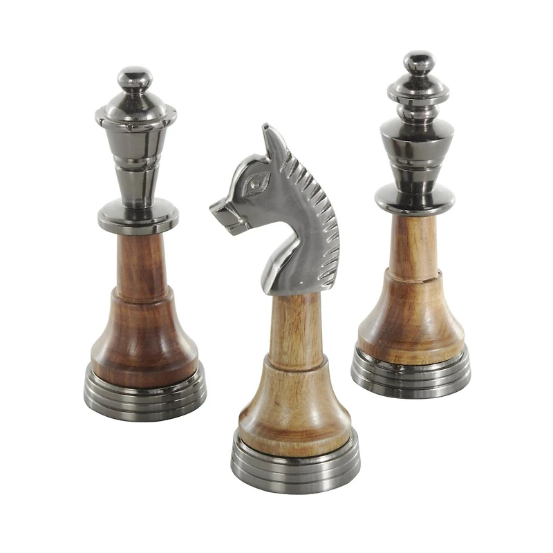 7" Silver Aluminum Metal Chess King, Queen, & Knight Sculpture with Mango Wood Center, 3ct.