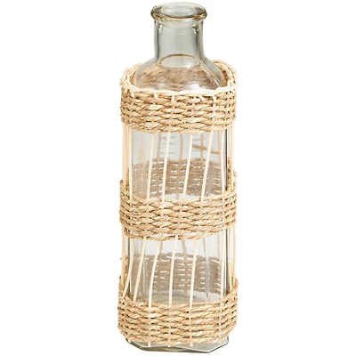 15" Clear Glass Handmade Vase with Light Brown Rattan Woven Body