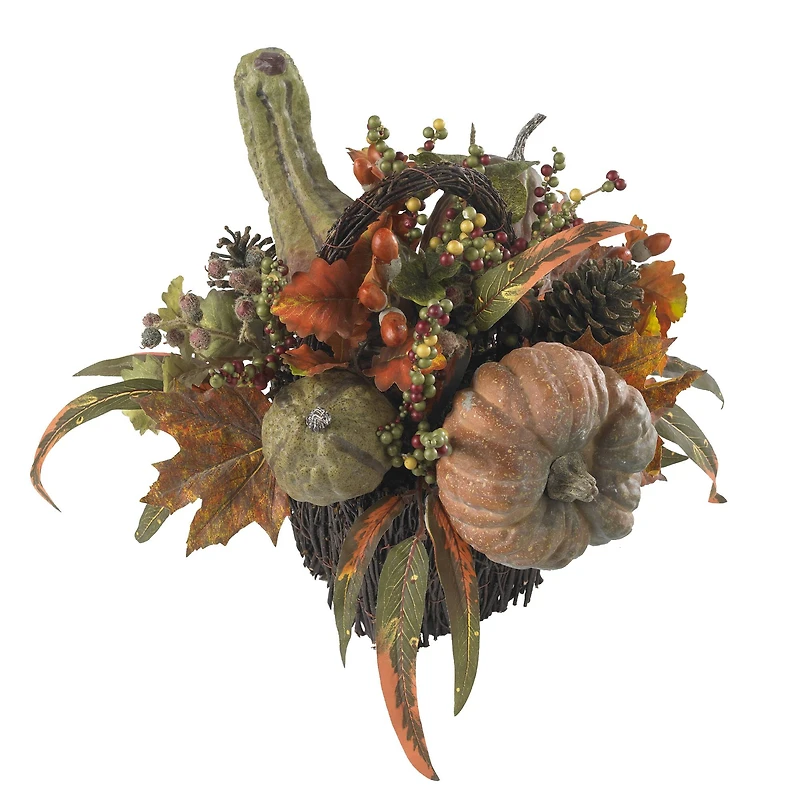 15" Green Fall Pumpkin & Berry Table Arrangement in Twig Base