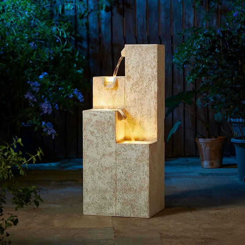 Glitzhome® 34" 4-Tier Faux Terrazzo Geometric Square Column Outdoor Fountain with LED Light