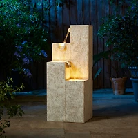 Glitzhome® 34" 4-Tier Faux Terrazzo Geometric Square Column Outdoor Fountain with LED Light