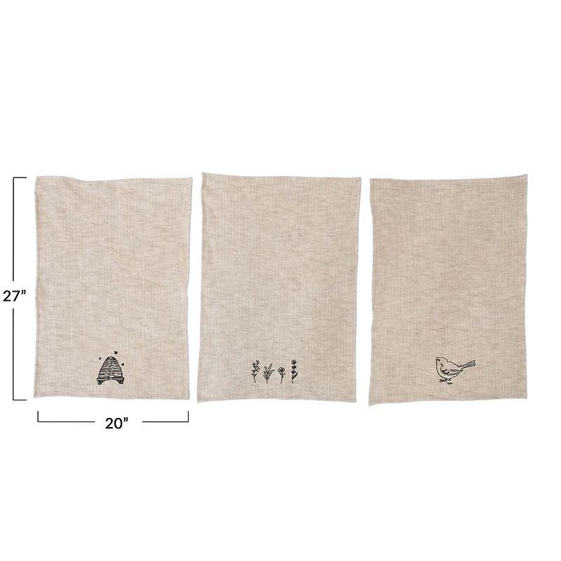 Hello Honey® Linen and Cotton Slub Embroidered Tea Towel, 3ct.