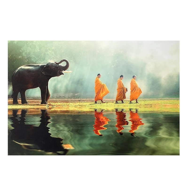 Elephant & Monks Walking Meditation Glossy Canvas Art