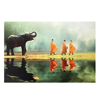 Elephant & Monks Walking Meditation Glossy Canvas Art