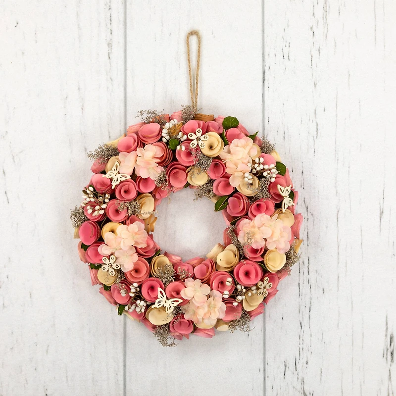 12.5" Pink Wooden Artificial Floral & Berries Spring Wreath