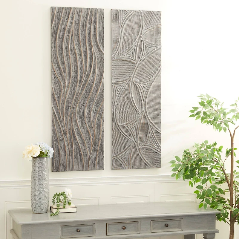 Set of 2 Grey Wood Modern Abstract Wall Decor, 16" x 48"