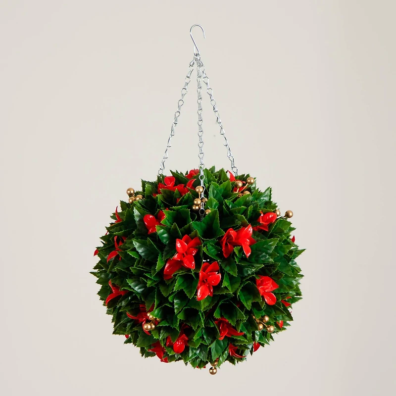 15in. UV Resistant Artificial Red Tip Photinia Christmas Hanging Ball with Gold Berries (Indoor/Outdoor)
