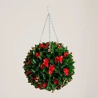15in. UV Resistant Artificial Red Tip Photinia Christmas Hanging Ball with Gold Berries (Indoor/Outdoor)
