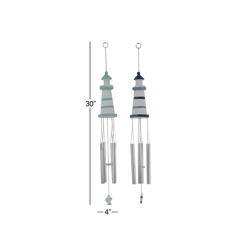 Set of 2 White Aluminum Coastal Wind Chimes, 4" x 30" Each