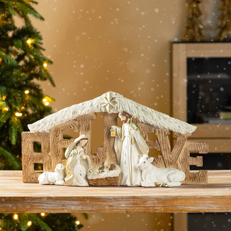 Glitzhome® 11.75" Resin "BELIEVE" Holy Family Figurine