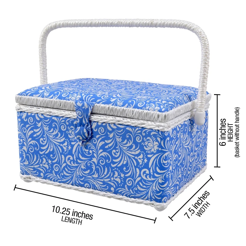 SINGER® Large Blue Deliah Scroll Print Sewing Basket with Sewing Scissors & Notions