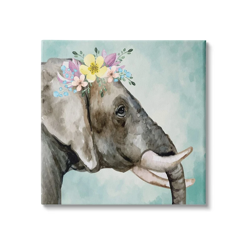 Stupell Industries Elephant Safari Animal Purple Yellow Boho Floral Crown Canvas Wall Art