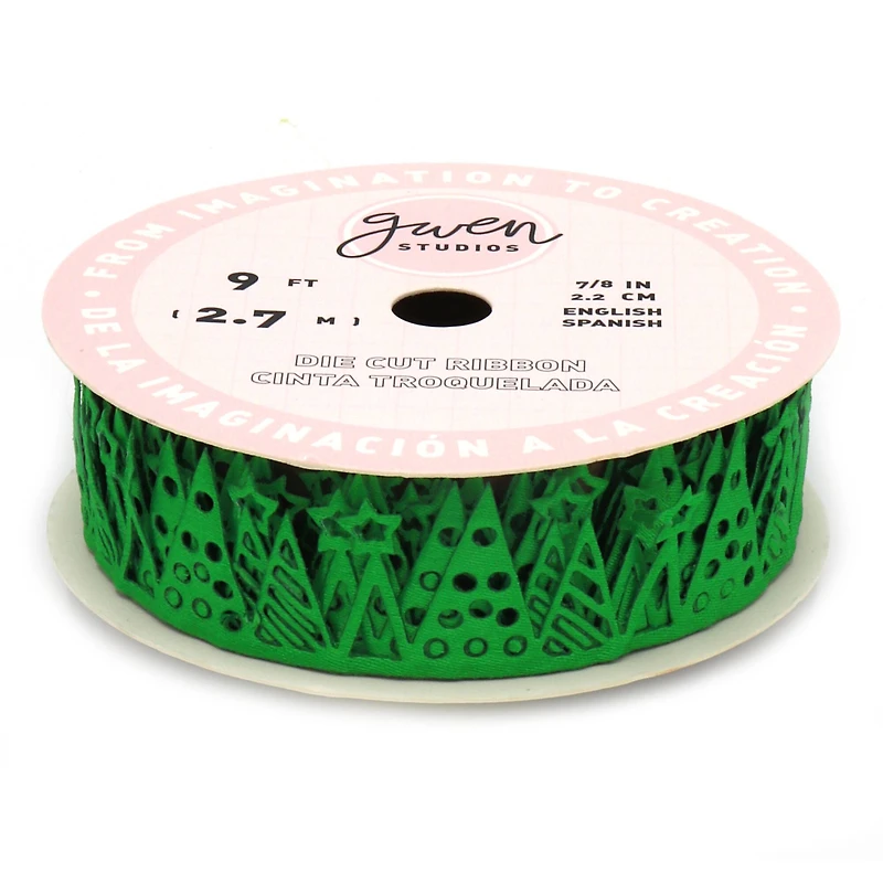 Gwen Studios 7/8" x 3yd. Die Cut Cute Christmas Trees Holiday Ribbon