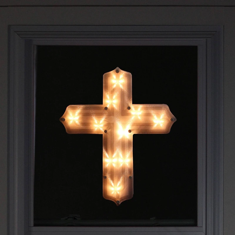 14" White Lighted Religious Cross Easter Window Silhouette Decoration