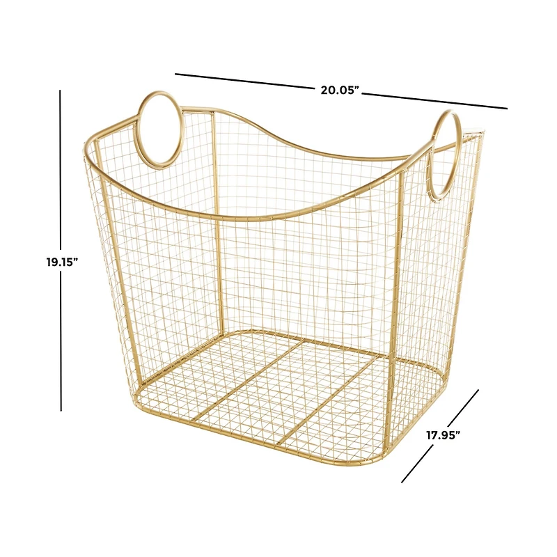 20" Gold Metal Storage Basket with Curved Sides & Ring Handles