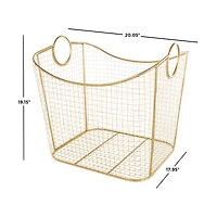 20" Gold Metal Storage Basket with Curved Sides & Ring Handles