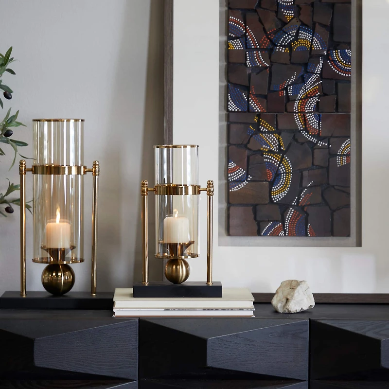 CosmoLiving by Cosmopolitan 13" Gold Metal Pillar Hurricane Lamp with Metal Stand