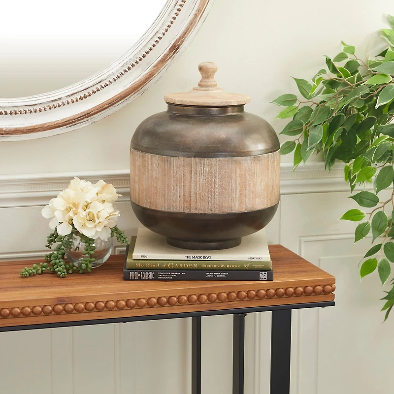 14" Brown Metal & Wood Rustic Jar