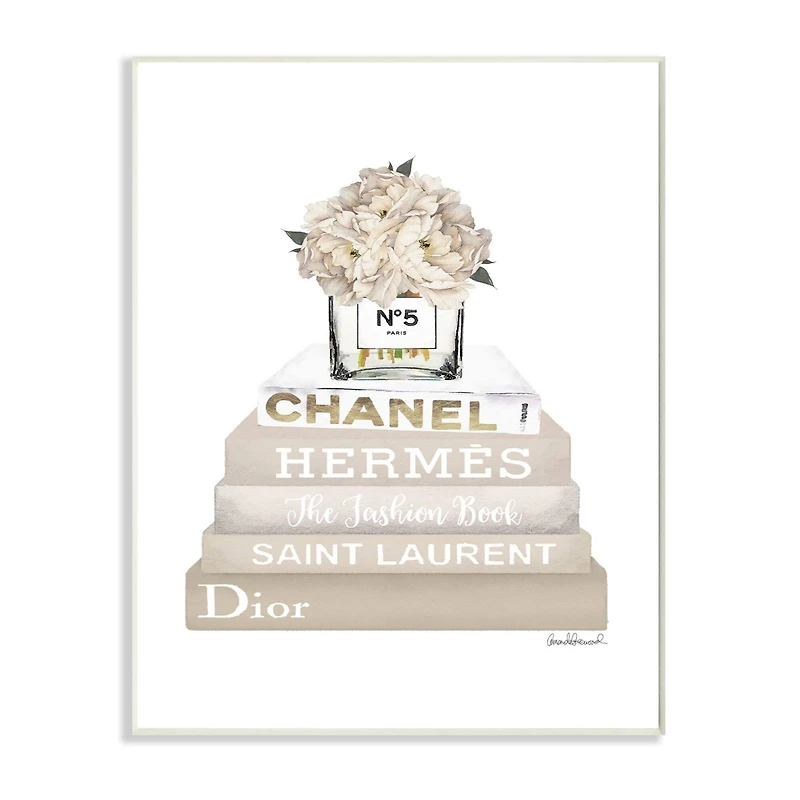 Stupell Industries High Fashion Book Stack with Tan Flowers Wall Plaque