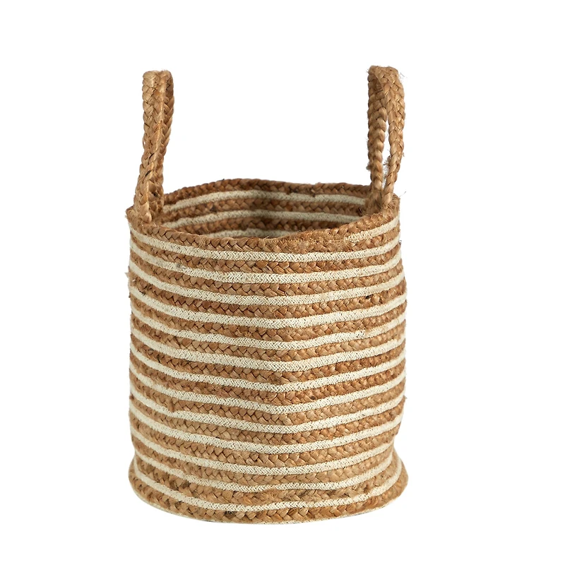 14'' Handwoven Stripe Natural Cotton and Jute Boho Chic Basket Planter