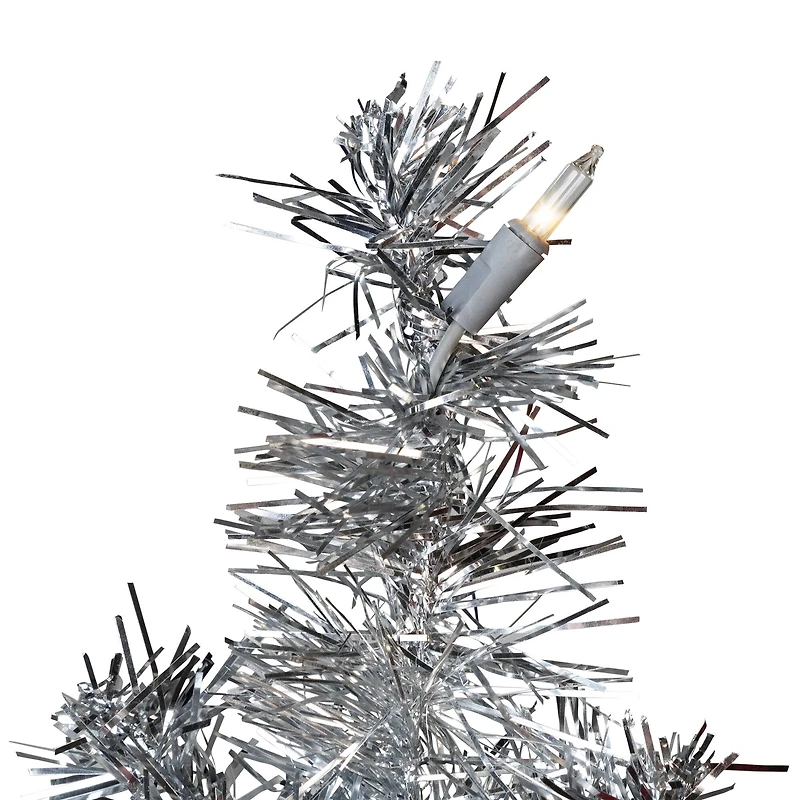 9ft. Pre-Lit Silver Tinsel Artificial Christmas Tree, Clear Lights