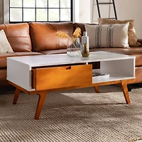 White & Caramel 1-Drawer Bridge Leg Solid Wood Coffee Table