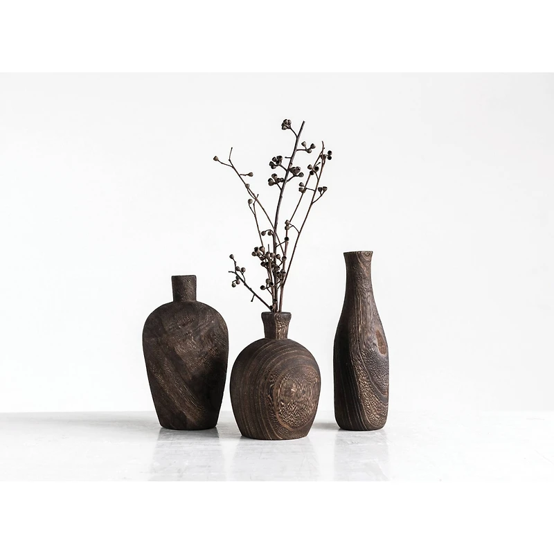 Hello Honey® Brown Paulownia Wood Vase with Black Charred Finish Set