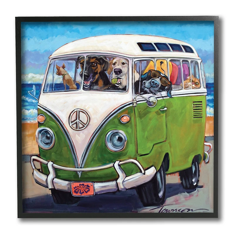 Stupell Industries Dogs Driving Retro Van Summer Beach Trip Black Framed Wall Art
