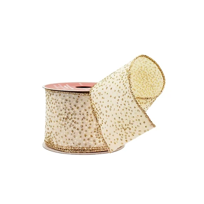 2.5" x 20ft. Cream & Gold Dots Wired Faux Linen Ribbon by Celebrate It®