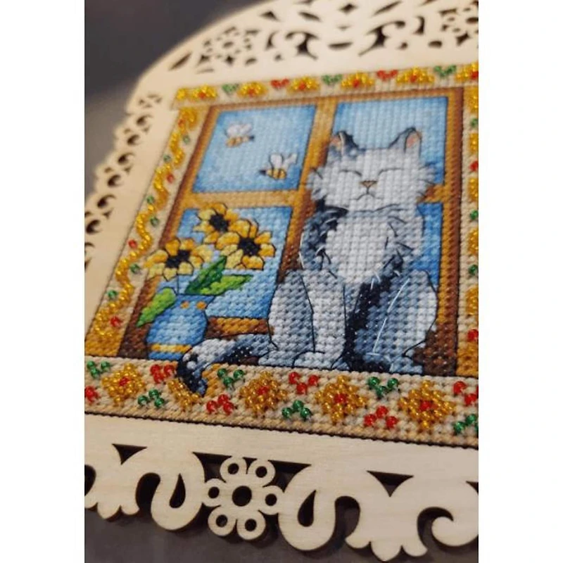 MP Studia Grey Cat Cross Stitch On Wood Kit