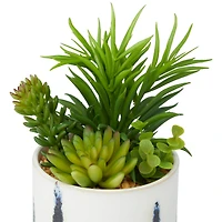 Novogratz Green Faux Foliage Succulent in Patterned Porcelain Pot Set