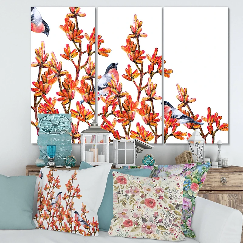 Designart - Flock of Bullfinches Birds on Orange Branches