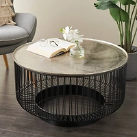 30" Black Metal Open Frame Wire Geometric Coffee Table with Silver Aluminum Top
