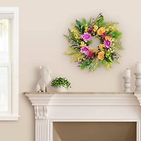 24" Pink, Orange & Yellow Spring Peony & Winter Jasmine Floral Wreath