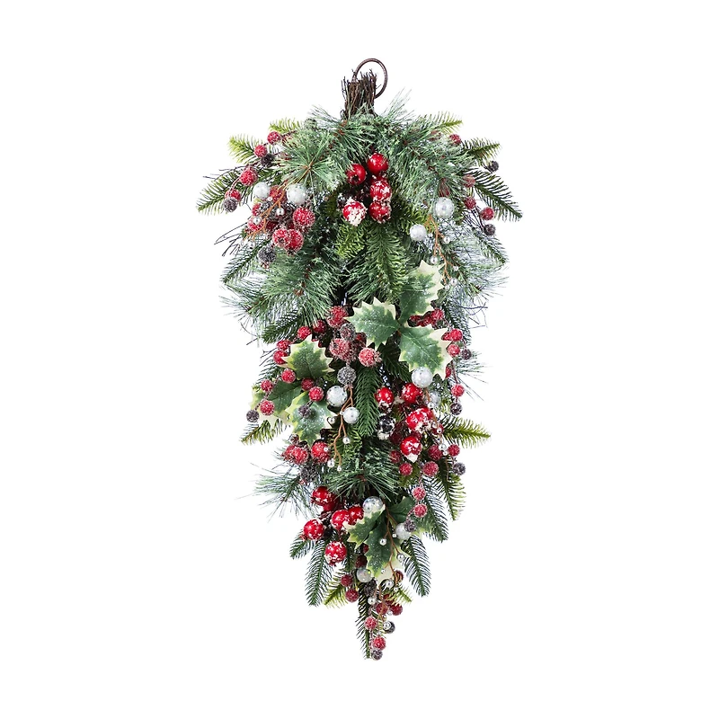 Glitzhome® 28"H Christmas Red Pomegranate Berry & Holy Leaf Teardrop