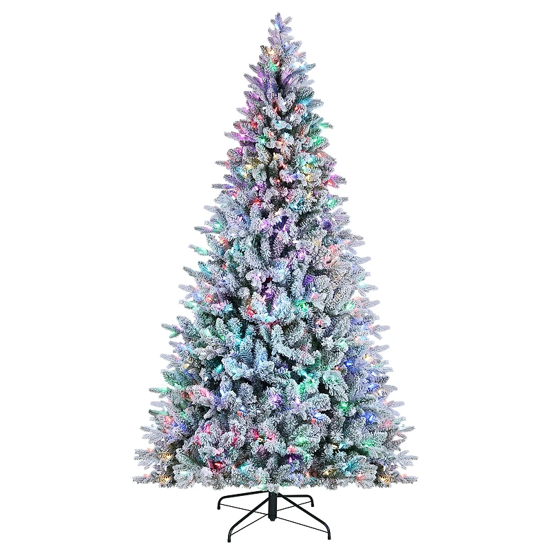 7.5ft. Pre-Lit Alexa Enabled Flocked Mountain Fir Artificial Christmas Tree, Multicolor LED Lights