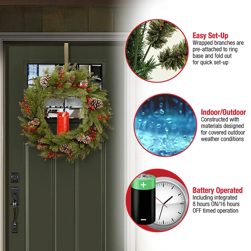 24" Feel Real® Bristle Berry Wreath with Red Electronic Candle, Red Berries & Cones