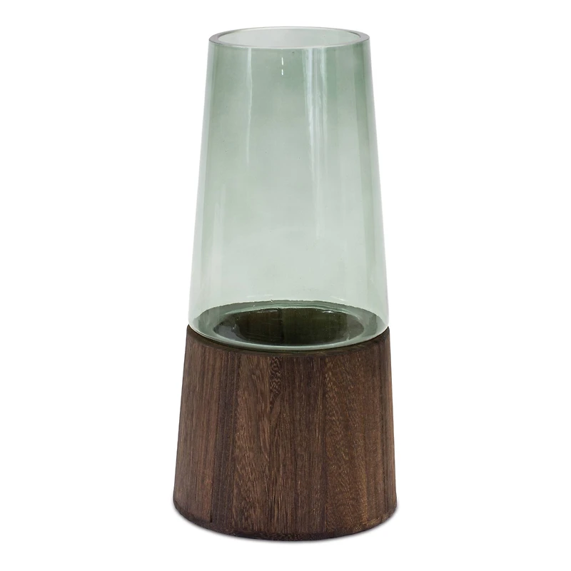 11" Tapered Glass with Wood Accent Vase Set