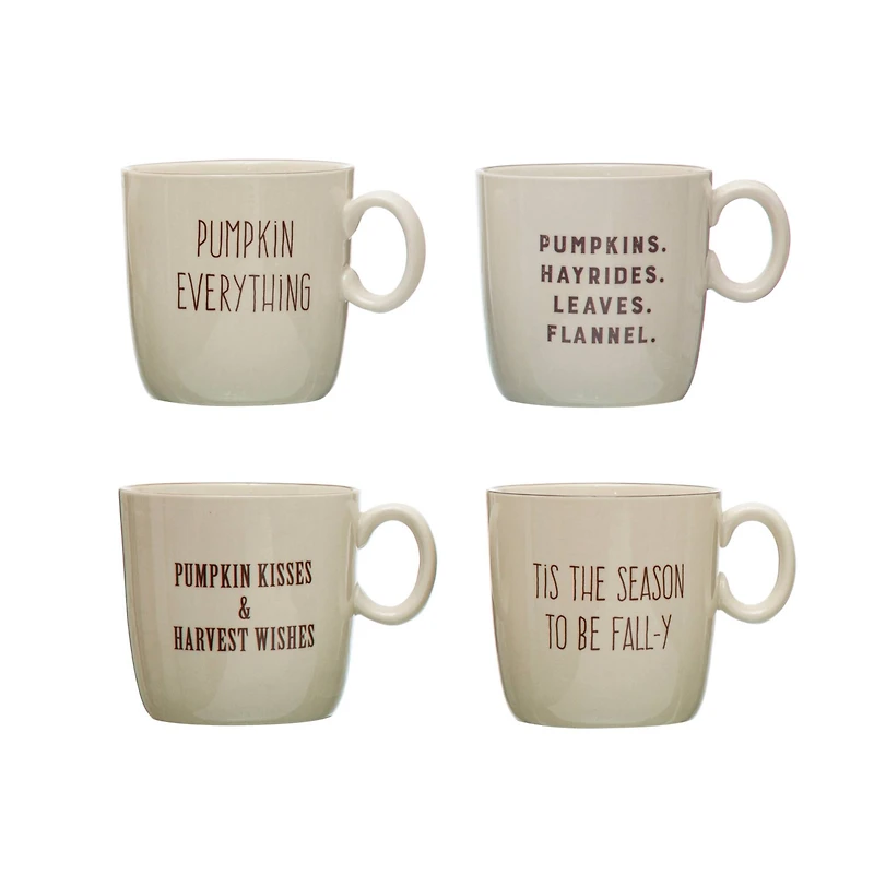 Hello Honey® 16oz. Cream & Brown Fall Saying Stoneware Mugs, 4ct.