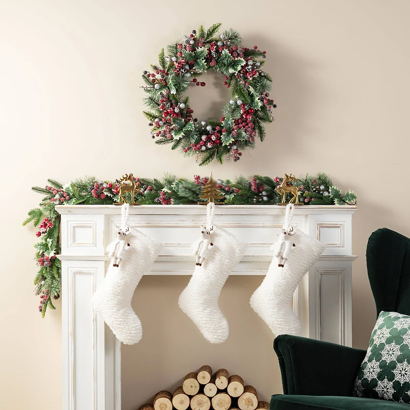 Glitzhome® 21"L White Plush Christmas Stocking with Reindeer Ornament