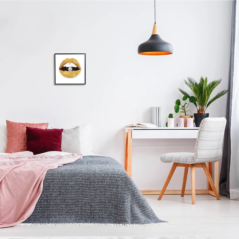 Stupell Industries Shine On Sentiment Gold Lips Glam Diamond Bite Framed Wall Art