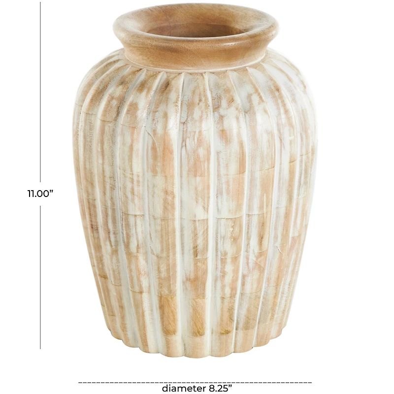11" Light Brown Mango Wood Distressed Vase with Carved Ridges