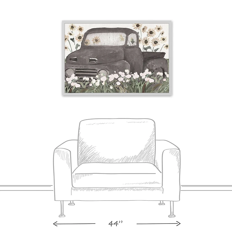 Truck & Sunflowers White Framed Canvas Wall Art